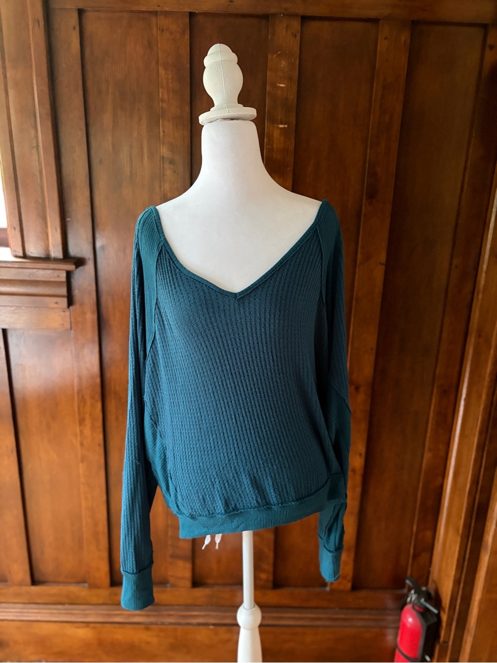 We The Free Teal V-Neck Lightweight Waffle Knit Pullover